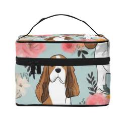 Sweet Basset Hound Kosmetiktasche mit Blumenmuster, tragbare Reise-Kosmetiktasche, Make-up-Tasche, Kosmetiktasche, Beauty-Box mit Innentasche und Griff, Schwarz , Einheitsgröße, Kosmetiktasche von ULKMFFCF