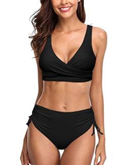 UMIPUBO Bikini Damen High Waist, Cross Back Badeanzüge Push Up Klassischer einfarbiger Badeanzug, Wickel Bikinihose Sportlich Zweiteiliger Strandbikini(Schwarz,S) von UMIPUBO