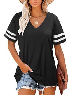 UMIPUBO Damen T-Shirt Kurzarm Modisches Gestreiftes Ärmel V-Ausschnitt T Shirts Oversized Mode Lose Tops Sommer Grosse Grössen T Shirt(Schwarz,XXL) von UMIPUBO