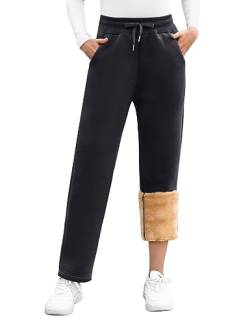 UMIPUBO Gefütterte Jogginghose Damen Warm Fleece Freizeithose Winter Thermo Fleecehose High Waist Sweathose mit 2 Taschen, Damenhose mit Gummizug(Schwarz,S) von UMIPUBO