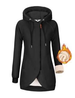 UMIPUBO Kapuzenpullover Hoodie Damen Fleecejacke Sweatjacke Herbst Winter Sweatshirt Lang Zipper Strickjacke mit Kapuze Langen Mantel Outwear Kapuzenjacke Mit Taschen(Schwarz,XXL) von UMIPUBO