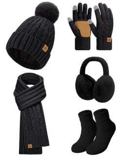 UMIPUBO Mütze Schal Handschuhe Damen Winter Strickmütze Wintermütze mit Bommel Lang Thermo Schal Fleece Gefütterte Touchscreen Handschuhe Plüsch Ohrenschützer Verdickte Socken-5 Stück Set (Schwarz) von UMIPUBO