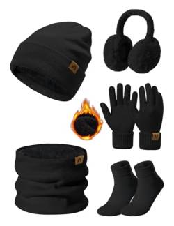 UMIPUBO Mütze Schal Handschuhe Damen Wintermütze Fleece Gefütterte Winter Set Wärmer Beanie Plüsch Ohrenwärmer Halswärmer Touchscreen Verdickte Ohrenschützer Socken-5 Stück (Schwarz, Einheitsgröße) von UMIPUBO