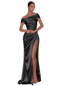 UMLXYER Schulterfreie Ballkleider für Frauen 2024 Satin Langes Meerjungfrau Brautjungfer Kleid Formale Abendparty Kleider mit Schlitz Black S von UMLXYER