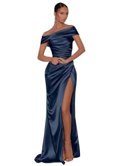 UMLXYER Schulterfreie Ballkleider für Frauen 2024 Satin Langes Meerjungfrau Brautjungfer Kleid Formale Abendparty Kleider mit Schlitz Navy Blue M von UMLXYER