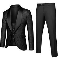 UNINUKOO Herren-Smokinganzug, 3-teilig, Jacquard-Tux-Anzug-Set, Schal, Revers für Hochzeit, Abschlussball, Anzug, Schwarz, L von UNINUKOO