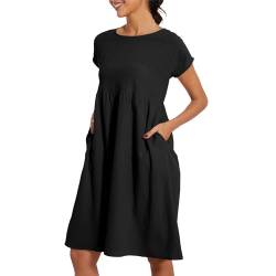 UNIQTA Sommerkleider für Damen, Übergröße, lässig, locker, einfarbig, Strandkleid, kurzärmelig, Rundhalsausschnitt, Bluse, Midi-Kleid mit Taschen, Schwarz , XXXXXL von UNIQTA