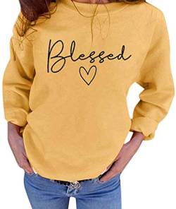 Unique Blessed Sweatshirt für Frauen mit Buchstaben-Druck, leicht, Thanksgiving-Pullover, Tops, Bluse - Gelb - Groß von UNIQUEONE