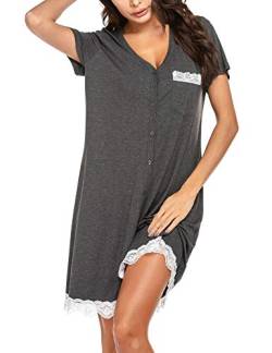 UNibelle Nachthemd Damen Spitze Nachtwäsche Kurz Schlafshirt V-Ausschnitt Nachtkleid mit Durchgehender Knopfleiste, Dunkelgrau, L von UNibelle