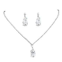 UOMSKTY Hochzeit Schmuckset Für Damen - Imitierter Zirkon Strass Halskette Und Ohrringe Set, Quadrat Anhänger Schmuck Set Schlüsselbeinkette, Hochzeitsschmuck Für Braut Brautjungfern,White,As Shown von UOMSKTY