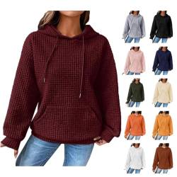 UPOI 2024 Kapuzenpullover Damen Hoodie Waffel Pullover mit Taschen Kordelzug Sweatshirt mit Kapuze Einfarbig Langarmshirt Lässig Langarm Oberteile Herbst Winter Warm Outwear von UPOI