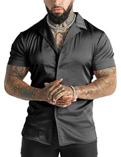 URRU Herren Luxus Glänzend Seide Like Satin Kleid Hemd Cuban Kragen Kurzarm Casual Slim Fit Muscle Button Up Shirts, Schwarz, XL von URRU