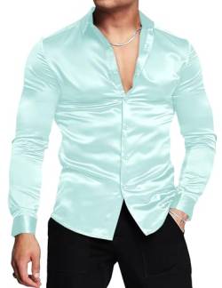 URRU Herren Luxus Glänzende Seide wie Satin Langarm Hemd Casual Slim Fit Muskel Button Up Hemden Minzgrün S von URRU