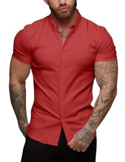 URRU Herren Hemd Kurzarm Muskel Fit Freizeithemden Bügelleichte Business Hemd Herrenhemden Sommerhemd, Rot, M von URRU