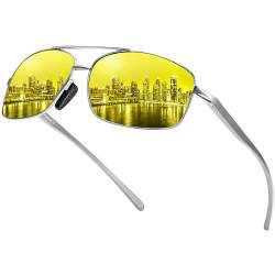 URUMQI Nachtfahrbrille für Herren, blendfreie Fliegerbrille, HD polarisierte Nachtsicht, gelbe getönte Gläser, C01 Silberrahmen/Nachtsichtlinse, Large von URUMQI