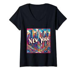 Damen State of New York NY Familienausflug 80er 90er Jahre Retro City Skyline T-Shirt mit V-Ausschnitt von US State Apparel & Retro City Souvenir Gifts