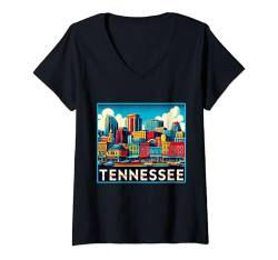 Damen State of Tennessee TN Familienausflug 80er 90er Jahre Retro City Skyline T-Shirt mit V-Ausschnitt von US State Apparel & Retro City Souvenir Gifts