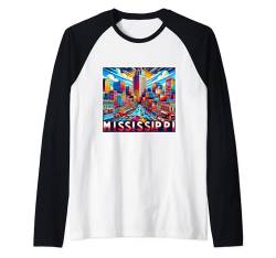 State of Mississippi Familienausflug 80er 90er Jahre Retro City Skyline Raglan von US State Apparel & Retro City Souvenir Gifts