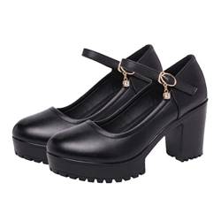 USHOBE Klobige Absatz Mary Janes Vintage Damen Leder Klassische Plattform mit Mittlerer Ferse Pumpe Schuhe Knöchel Schnalle Runde Pumps für Frauen Weiblich (Schwarz) von USHOBE