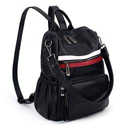 UTO Damen Rucksack PU Washed Leder Mode Multifunktionsrucksack mit Quastendesign 2 Streifen Lässige Schultertaschen vielen Kompartiment Reißverschluss Umhängetasche Schulrucksack Schwarz mit Rot Weiß von UTO