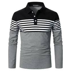 UUAISSO Herren Polo Langarm Streifen Poloshirts Kontrastfarbenes Hemd Slim Fit Baumwolle Golf Polos Schwarz+Grau M von UUAISSO