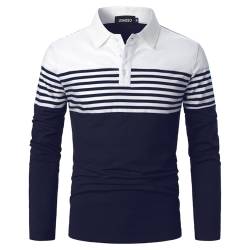 UUAISSO Herren Polo Langarm Streifen Poloshirts Kontrastfarbenes Hemd Slim Fit Baumwolle Golf Polos weiß+Marineblau XXL von UUAISSO