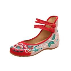 Chinesische Ethnische Art Stickerei Hang Heel Frauen Leinwand Hibiskus Blume Retro Bequeme Cheongsam Runde Zehe Flache Schuhe von Ulalaza