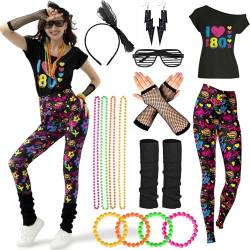 80er 90er Jahre Outfit Damen Set, Aerobic Outfit 80er 90er Damen Set, 16 Stück 80er 90er Neon Party Outfit Damen Accessoires Set mit Bunte Leggings, netzshirt, T-shirt für Karneval, Mottoparty. von Ulikey