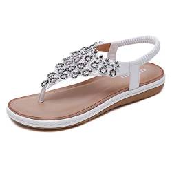 Sandalen Damen Sommer Flip Flops Bohemian Flach Zehentrenner mit Strass, 37 EU, Weiß von Ulogu