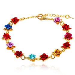 Uloveido Charm 12 Multicolor Rose Flower Armband mit vergoldeter Kette, Valentinstag Geburtstagsgeschenke für Frauen Mädchen Y452 (Gold, Multi) von Uloveido