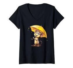 Damen Cooles Nager unter gelbem Regenschirm Kostüm für Jungen und Mädchen T-Shirt mit V-Ausschnitt von Umbrella Mouse Outfit