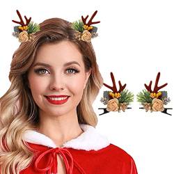 Unicra Weihnachten Haarspange Blumengeweih Kopfschmuck Elch Hirsch Tier Hörner Kopfbedeckung Rote Beeren Haarnadeln Halloween Haarschmuck für Frauen und Mädchen (2 Stück) (Blume-1) von Unicra