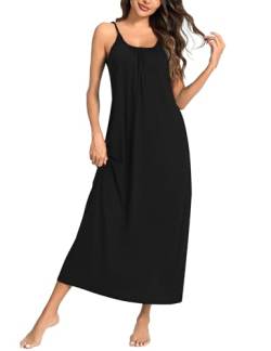 Uniexcosm Nachthemd Damen Ärmelloses Lang Baumwolle Sexy Nachtkleid Rundhals Spaghettiträger Negligee Nachtwäsche rutschfeste Schultergurte Freizeitkleid Sleepwear Schwarz 3XL von Uniexcosm