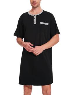 Uniexcosm Nachthemd Herren Kurzarm Schlafshirt Rundhals Einteiliger Schlafanzugoberteile Pyjama Tops Bequem Nachtwäsche Sleepshirt mit Knopfleiste und Brusttasche Schwarz XL von Uniexcosm