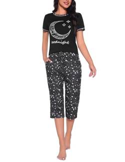 Uniexcosm Schlafanzug Damen Kurzarm Pyjama Set Kurz Zweiteiler Sternen und Mondmustern Baumwolle Nachtwäsche Sommer Oberteil und 3/4 Hose Sleepwear Hausanzug Dunkelschwarz S von Uniexcosm