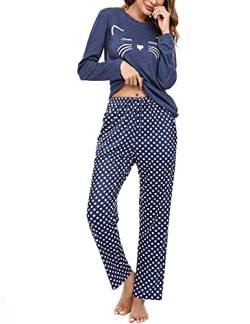 Uniexcosm Schlafanzug Damen Lang Pyjama Set Baumwolle Zweiteiliger Hausanzug Nachtwäsche mit Katzendruck und Polka Dot Schlafanzughose Loungewear Freizeitanzug Stil 1:Marineblau XL von Uniexcosm