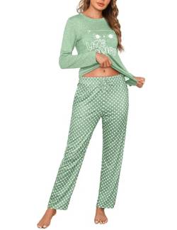 Uniexcosm Schlafanzug Damen Lang Pyjama Set Zweiteiler Baumwolle Winter Nachtwäsche Katzendruck Sleepwear und Polka Dot Pyjamahose Sleepwear Loungewear Stil 3:Grün-1 XL von Uniexcosm