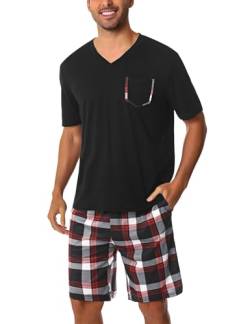 Uniexcosm Schlafanzug Herren Kurz Pyjama Set Baumwolle Zweiteiliger Kurzarm Nachtwäsche Oberteil und Karierte Kurze Hosen Sleepwear für Sommer Schwarz XL von Uniexcosm