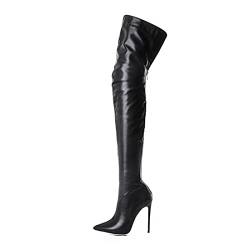 UnoSheng 38 Mädchen Hohe Stiefel mit Reißverschluss Vintage-Spitze Schuhe Zehen Knie die für Frauen über der Ferse Glitzer Schuhe Kinder Damen (Black, 40) von UnoSheng