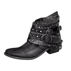 UnoSheng Mit Absatz Mädchen 36 Damen Stiefel Mädchen Kurz Bootie Cowboy Motorrad Lederschuhe Stiefeletten Blau Damen Schuhe (Black, 41) von UnoSheng