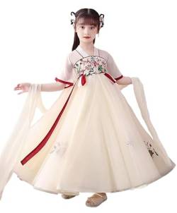 Uplateng Mädchen Sommer Hanfu Kleid Kinder Retro Kurzarm Hanfu Kleid Chinesische Traditionelle Prinzessin Hanfu 110-170 für 3-15 Jahre (beige,120) von Uplateng