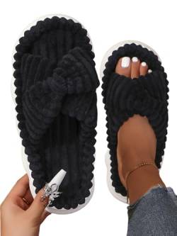 Uposao Damen Hausschuhe Winter Faux Pelz Slippers Weiche Flache Plüsch Offene Zehenpartie Flauschige Hausschuhe Damen Rutschfeste Rutschfeste Sohle Schlafzimmer Plüsch Hausschuhe mit Kreuzband von Uposao