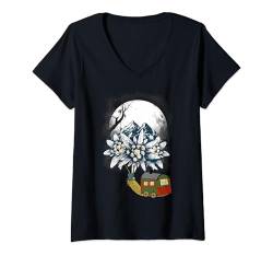 Damen mystisch Schnecke Schneckenhaus Bauwagen Gebirge Berge Reise T-Shirt mit V-Ausschnitt von Urlaub Reise Ferien Camping Natur