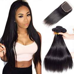 Urshiney Straight Human Hair Bundles With Closure Short Brazilian Virgin Hair Bundles Straight Weave Bundles Human Hair 4x4 Lace Closure And Bundles Human Hair 12 14 16+10 Inch von Urshiney