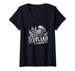 Damen Schottlanddistel, weiß, Used-Look T-Shirt mit V-Ausschnitt von Utopia Sport Scotland Shop