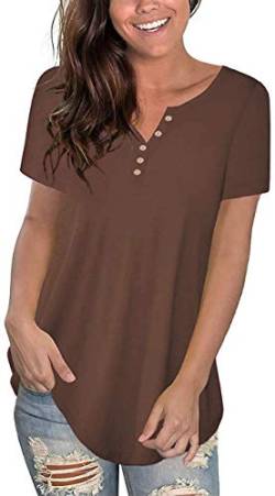 Uusollecy Damen Tunika Sommer T-Shirt, V-Ausschnitt Knopfleiste Kurzarm Bluse, Einfarbig Elegant Übergröße Oberteile Tops Für Frauen Teen Girls Braun 2XL von Uusollecy