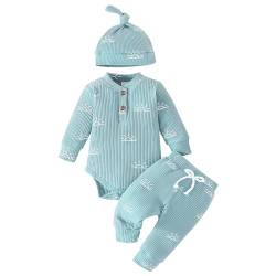 Uwdiohq Damen Billige Baumwoll-Outdfit-Sets für Babys, und Mädchen, gerippt, langärmlig, Sonnendruck, Knopfdesign, Strampler und elastische Hose mit Mütze Baby Overall Neug Sale Angebote Bestellung von Uwdiohq