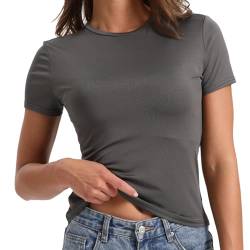 Uwiyo Damen Skims Dupe Crop Tops Kurzarm Y2K Slim Fit T-Shirt Kurzarm Oberteil Basic T-Shirts Rundhals Cropped Tee Streetwear (DE/NL/SE/PL, Alphanumerisch, L, Regular, Regular, Grau) von Uwiyo