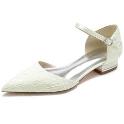 VACSAX Damen Geschlossene Ballerinas Brautschuhe Knöchelriemen Spitze Hochzeitsschuhe Flache Schuhe,Elfenbein,41 EU von VACSAX