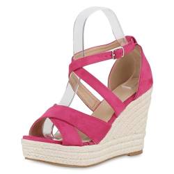 VAN HILL Damen Plateau Sandaletten Keilabsatz Bast Trendy Schuhe 214469 Fuchsia 37 von VAN HILL